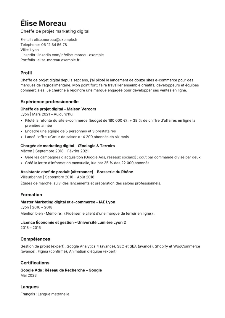 Aperçu du modèle de CV ATS