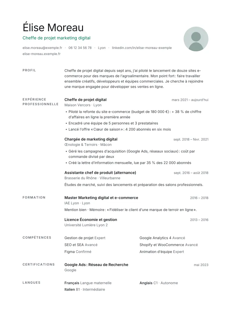 Aperçu du modèle de CV Minimaliste